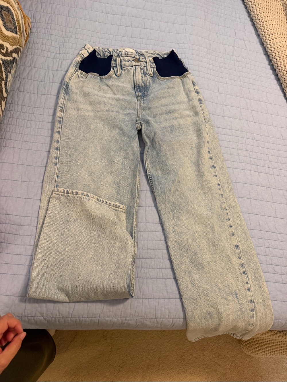 Good American Light Blue Straight Leg Jeans with Dark Waist Panels